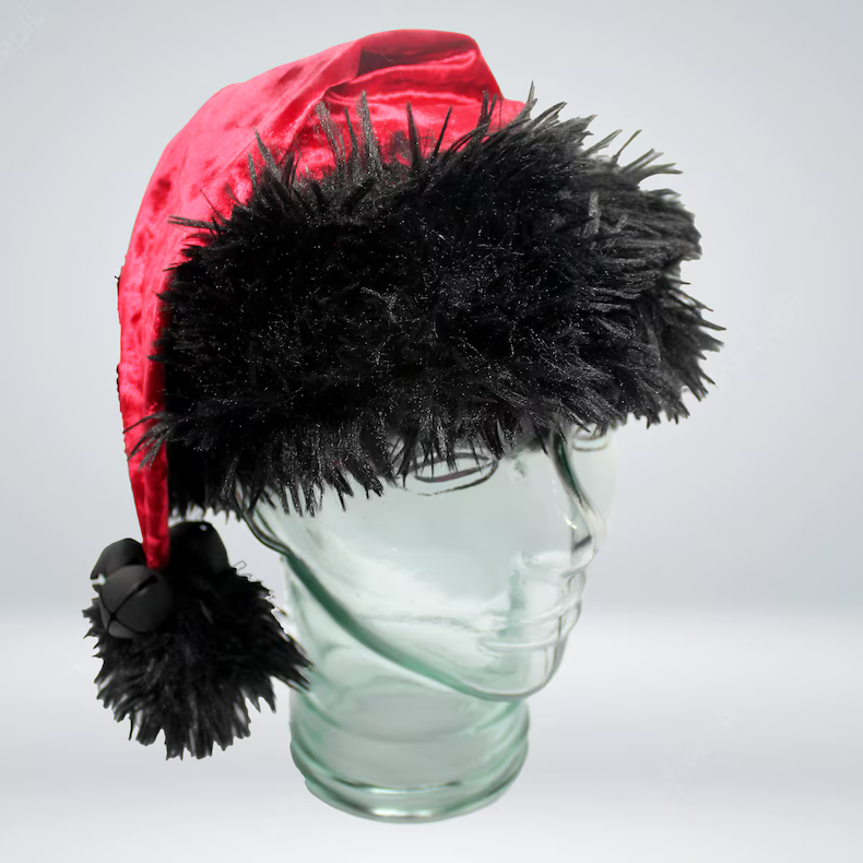 Red and black Santa hat with bells on end